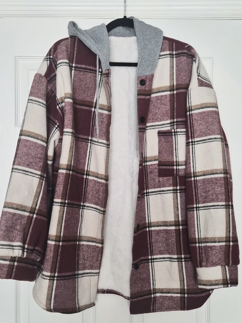 Plaid Shacket with Grey Hood - Burgundy & Cream